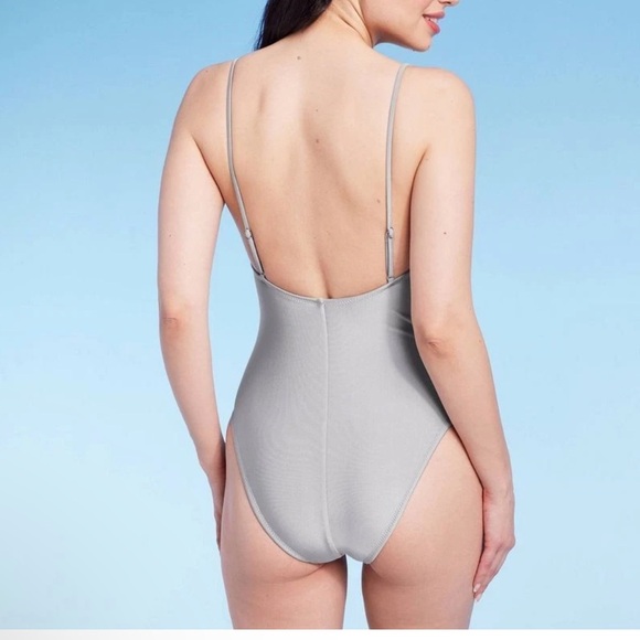 NWT Square Neck High Leg Cheeky Sleek Silver One Piece Swimsuit XL 16 Minimalist - Picture 6 of 13